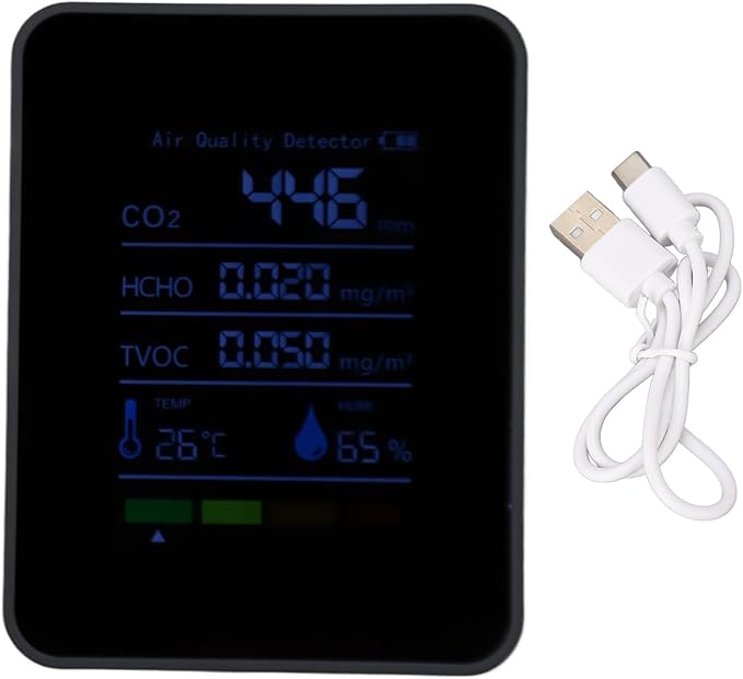 5-in-1 CO2 Detector Carbon Dioxide Monitor Battery Operated Indoor Air Quality Meter Portable Digital HCHO TVOC Temp Humidity Sensor Data Logging Function for Home Office Use by LiebeWH