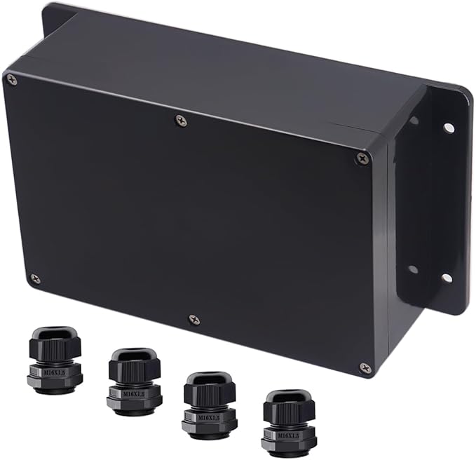 Project Box ABS Black Electrical Boxes IP65 Outdoor Waterproof Box Electronic Junction Box Fixed Ear Power Enclosure with Cable Glands for DIY Project 9.06 x 5.91 x 3.35 inch (230x150x87mm) by Raculety