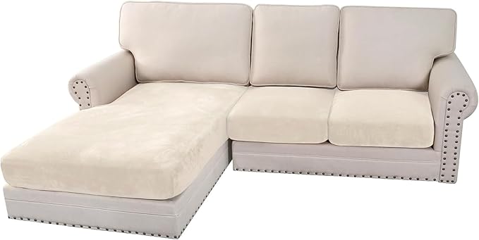 H.VERSAILTEX Velvet Stretch Sectional Couch Covers 3 Pieces Sofa Seat Cushion Covers L Shape Separate Couch Cover for Both Left/Right Sectional Couch (Large Sofa 2 Seater + 1 Chaise, Cream) by HVERSAILTEX