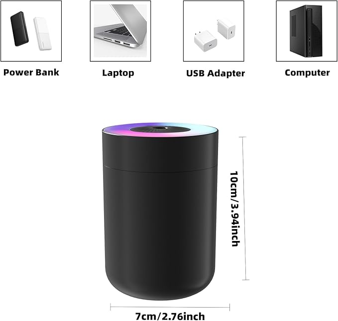 230ML Humidifier for Bedroom, Air Humidifier for Home, Plant Humidifiers Indoor Small with LED Colorful Gradient Light, USB Powered for Desk, Car, Travel, Hotel Room (Black) - Image 6