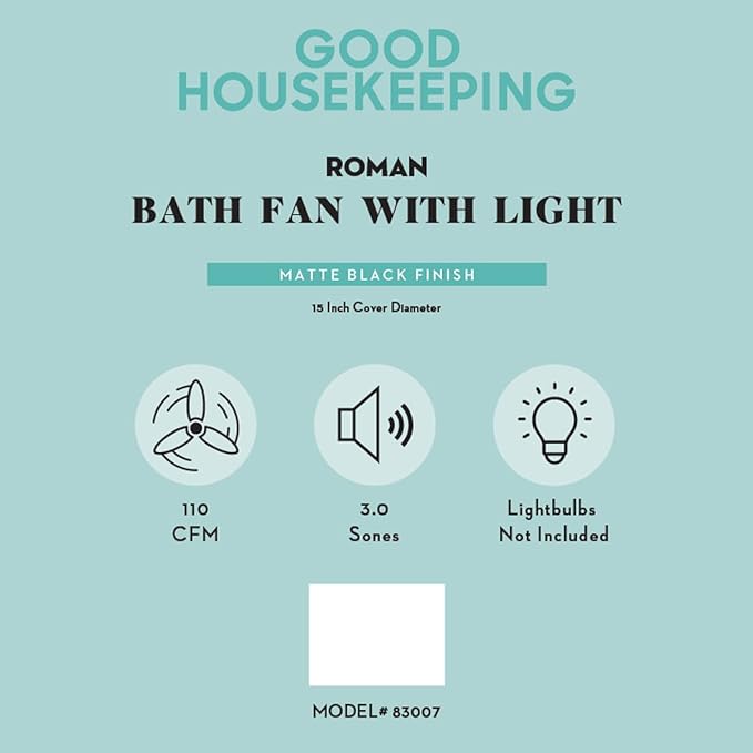 Good Housekeeping Roman (83007) Decorative 110 CFM 3.0 Sones Bathroom Ventilation Exhaust Fan with Light & Night-Light (Matte Black) - Image 3