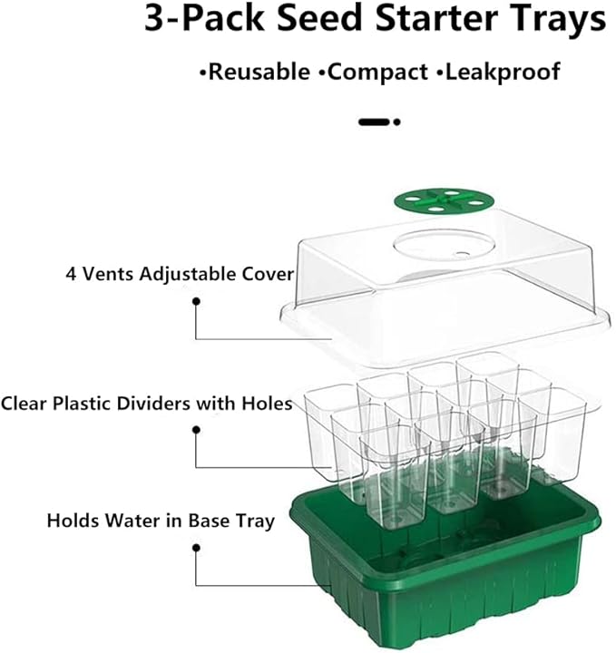 3 Pack Seed Starter Tray with Humidity Dome and Base (36 Cells Total), Plant Germination Kit for Seeds Growing Starting, Mini Seedling Propagator Small Greenhouse, Reusable Garden Supplies - Image 2