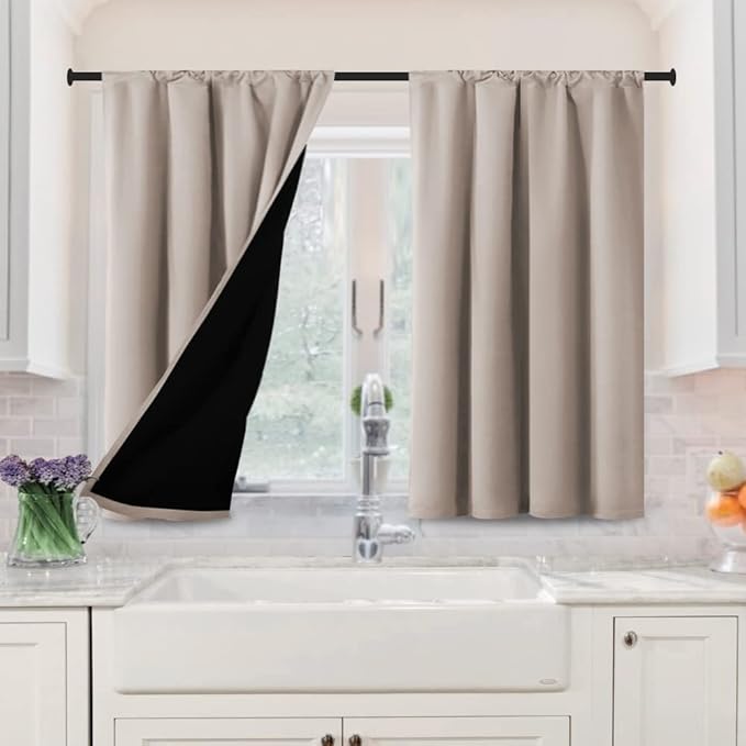 H.VERSAILTEX 100% Blackout Curtains for Bedroom Short Curtains Half Window Curtains for Kitchen, Privacy Energy Saving Curtain Tiers for Bathroom Shades, W 42 x L 36 inch, Natural Sand, Set of 2 by HVERSAILTEX
