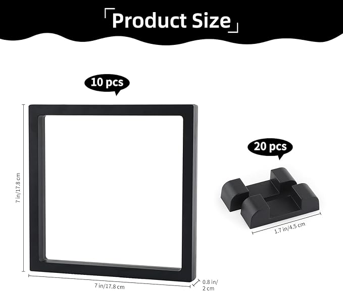 10 Pcs Floating Frame Case with Stands 7x7x0.8 in, Black Challenge Coin Display,Transparent PE Jewelry Storage Box, Floating Display Holder Stands for Antique Challenge Coins Medallion Fossil Specimen - Image 2