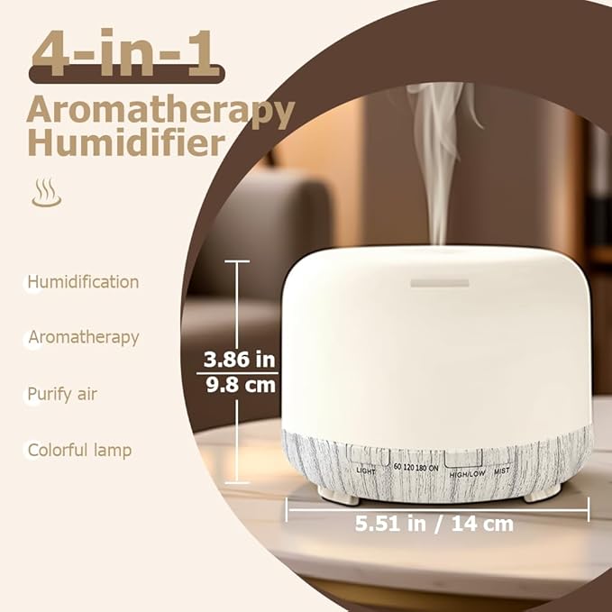 500ml Premium Essential Oil Diffuser,Quiet 4-in-1 Ultrasonic Aromatherapy Humidifier,7 Color LED Lights,with Adjustable Automatic Timer Off Function and Spray Mode. (White Woodgrain,Mini Model) - Image 2