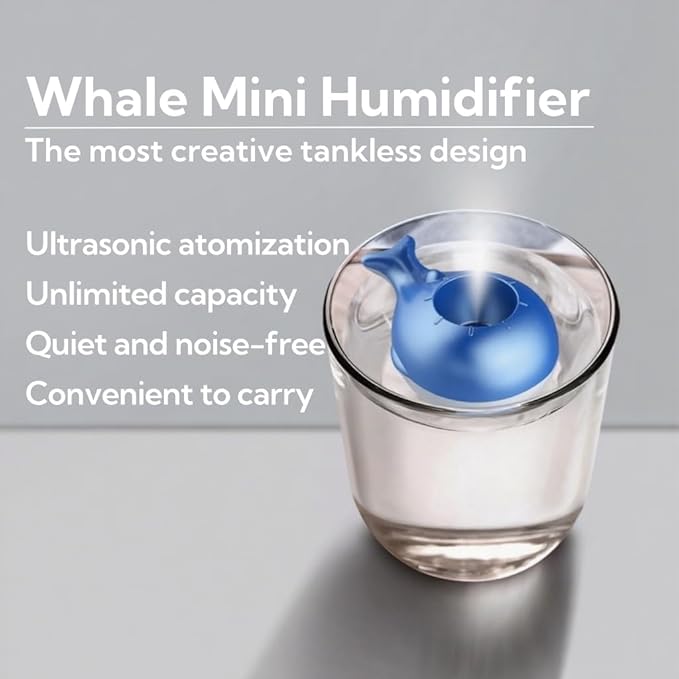 Portable Small Humidifier Dual Nozzle - Large Cool Mist Humidifiers Double Spray Ports, Water Shortage Protection, Ultra-Quiet, Mini Humidifier for Bedroom Plants Office Car Travel (Whale Tankless) - Image 2