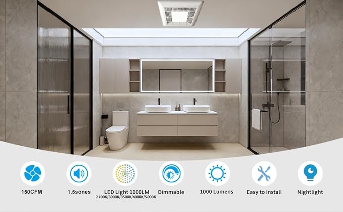 Tech Drive Bathroom Exhaust Fan with Light-150 CFM, 1000lm Dimmable 5CCT LED Light and Night Light Selectable, 6-Inch Duct Super Quiet Ventilation Fan,Easy to Install Ceiling Mounted - Image 6