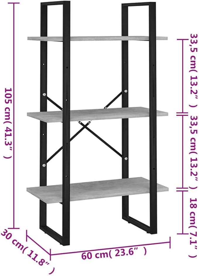 Grey 3-Tier Industrial Storage Shelf 11.8x23.6x41.3 in Matte Engineered Wood & Metal Frame Narrow Bookcase for Living Room Bedroom Office Organization - Image 2