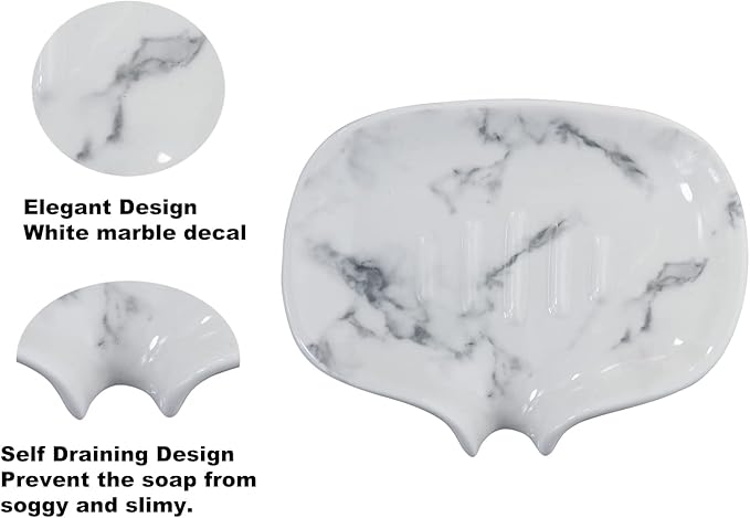Ceramic Marble Texture Soap Dish, Self Draining Slot, Portable for Shower, Bathroom & Kitchen Sink - Image 2