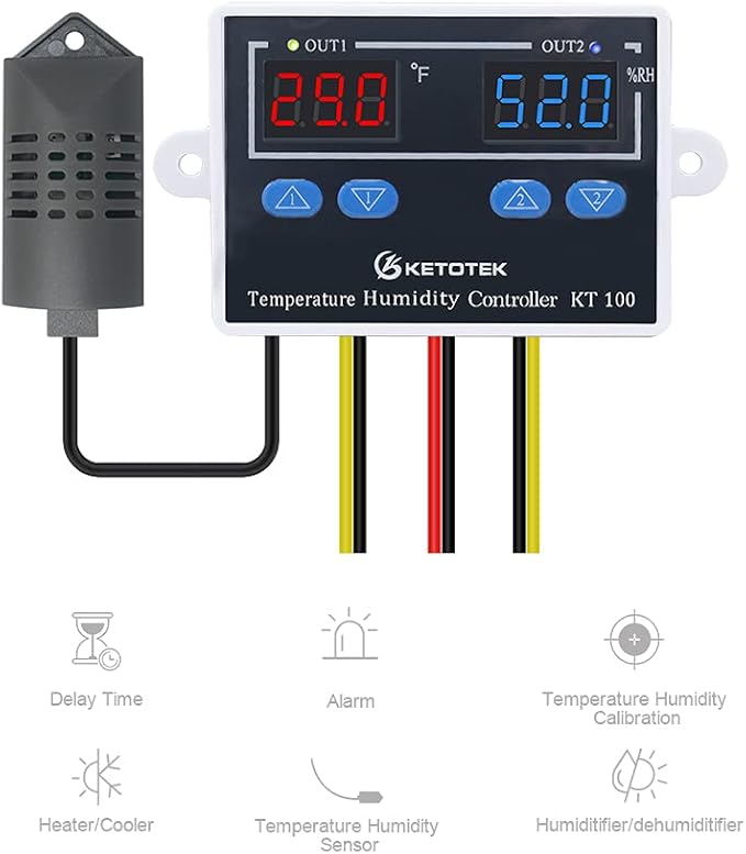 KETOTEK Temperature Humidity Controller Digital Thermostat Module 120V, Heating Cooling Humidification and dehumidification Control 110V 10A, Fahrenheit Display - Image 2