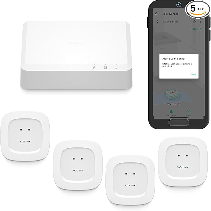 YoLink Smart Home Kit: 4G LTE Cellular Hub & Water Sensor 4-Pack, No Internet Required with a Subscription, SMS, Email & Push Notifications, LoRa Up to 1/4 Mile Range, Alexa, IFTTT, Home Assistant by YoLink