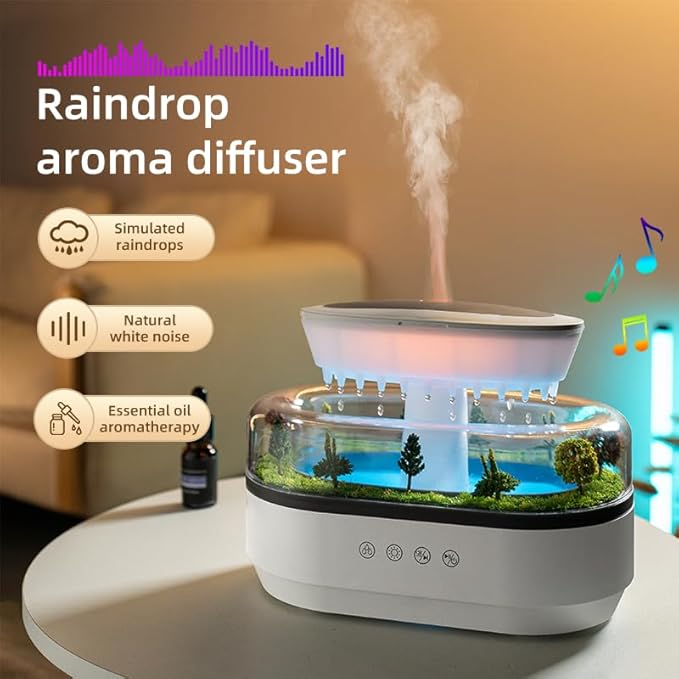 Upgrade Raindrop Humidifier Essential Oil Diffuser with Natural White Noise and Landscape Design，7 Led Colors Change Desktop Diffuser for Home Office Bedroom Waterdrop Diffuser Auto Shut-Off 250ml - Image 4