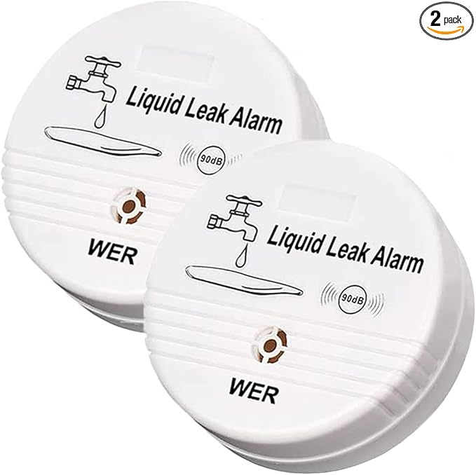 WER Water Leak Alarm Sensor, Battery Operated Leak Alert, 90dB Water Detector for Basements, Bathrooms, Laundry Rooms, Kitchens, Garages and All Office Areas (Shipped Without Battery, 2 Pack) by WER