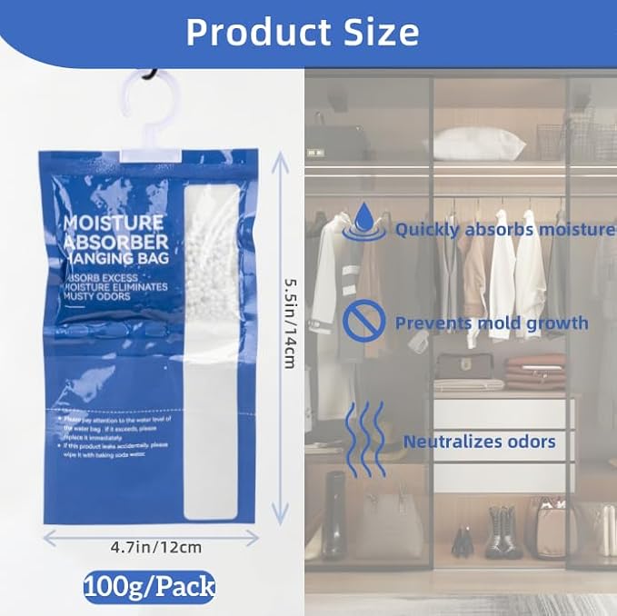 Dehumidifier Bags Hanging Moisture Absorbers – 4 Packs Dehumidifiers for Home Closet Bathroom Basement, Hanging Bag Desiccant Packs for Bedroom RV Camper, Odor Absorber Household Essentials - Image 8