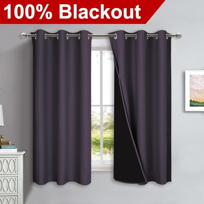 NICETOWN 100% Blackout Short Curtains with Black Liners, 2 Panels, 37" W by 63" L, Greyish Purple, Thermal Insulated Full Blackout 2-Layer Lined Drapes, Energy Efficiency Window Drapes for Bedroom - Image 2