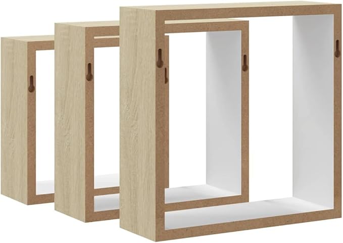 vidaXL 3 pcs Wall Cube Shelves in White and Sonoma Oak - Stylish Floating Shelves with Invisible Mounting, MDF Construction for Sturdy, Decorative Display - Image 9