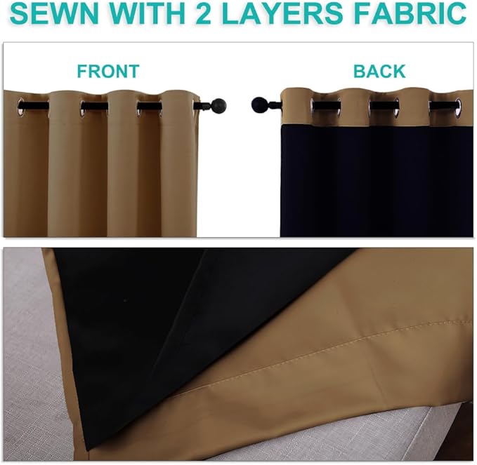 NICETOWN 100% Blackout Curtains 45 inches Long, Gold Brown, 1 Pair, 52 inches Width Each Panel, 2 Thick Layers Completely Blackout Window Treatment Thermal Insulated Lined Drapes for Small Window - Image 5