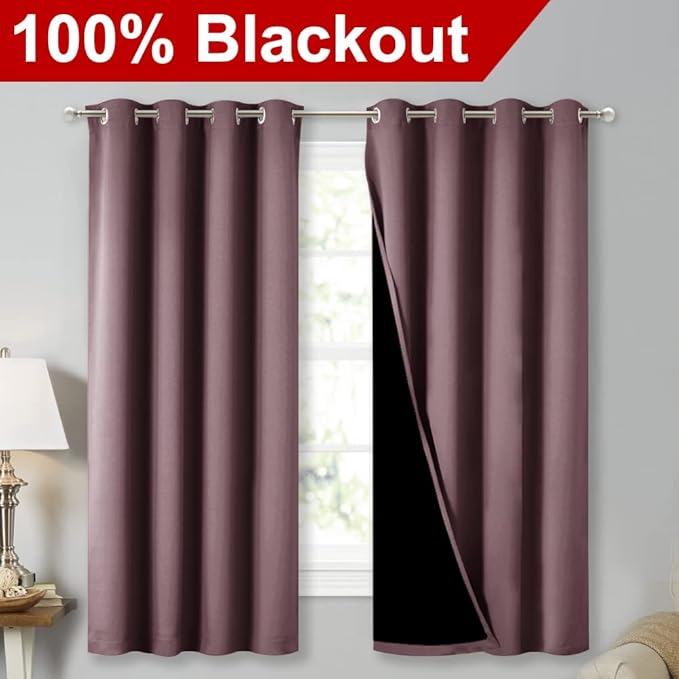 NICETOWN Extra Long Truly Blackout Drapes for Hall and Villa, 46-inch Width Each Panel, 45-inch Length, Dry Rose, 2 Pieces, 100% Blackout Window Curtain Panels with Black Lined for Night Shift Worker - Image 2