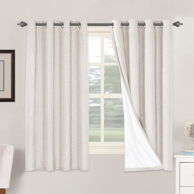 H.VERSAILTEX Linen Blackout Curtains 63 Inches Long 100% Absolutely Blackout Thermal Insulated Textured Linen Look Curtain Draperies Anti-Rust Grommet, Energy Saving with White Liner, 2 Panels, Ivory by HVERSAILTEX