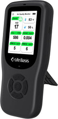 LifeBasis Air Quality Monitor Indoor, 11-in-1 Air Quality Detector with Stand, Real-Time Air Meter Test AQI, PM1.0, PM2.5, PM10, CO2, TVOC, HCHO, Particles, Temperature and Humidity, Dual Alert -Black by LifeBasis
