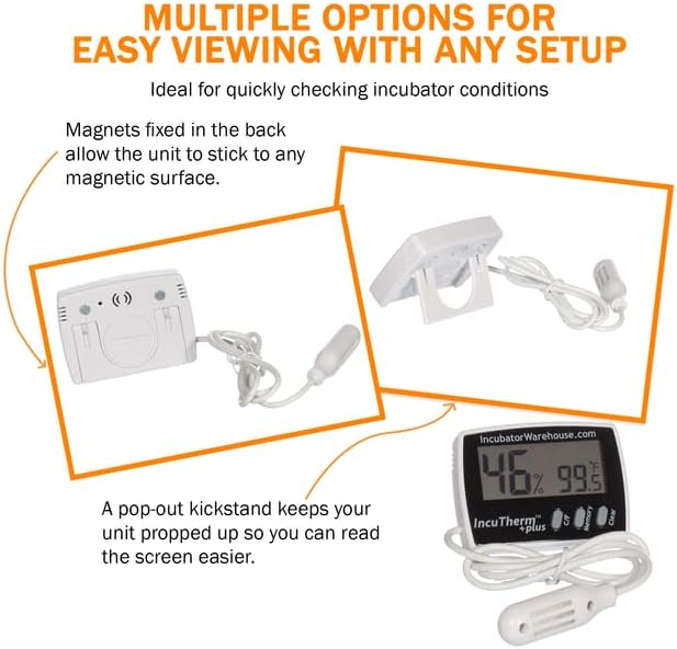 Incubator Warehouse IncuTherm™ Plus Digital Thermometer and Hygrometer for Egg Incubator - Large Digital Display with Min/Max Memory - Remote Probe - Reads Celsius and Fahrenheit +/-1° 1109 IWTH01 - Image 6