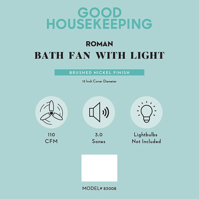 Good Housekeeping 83008 Roman Decorative 110 CFM 3.0 Sones Bathroom Ventilation Exhaust Fan with Light & Night-Light, Brushed Nickel - Image 3