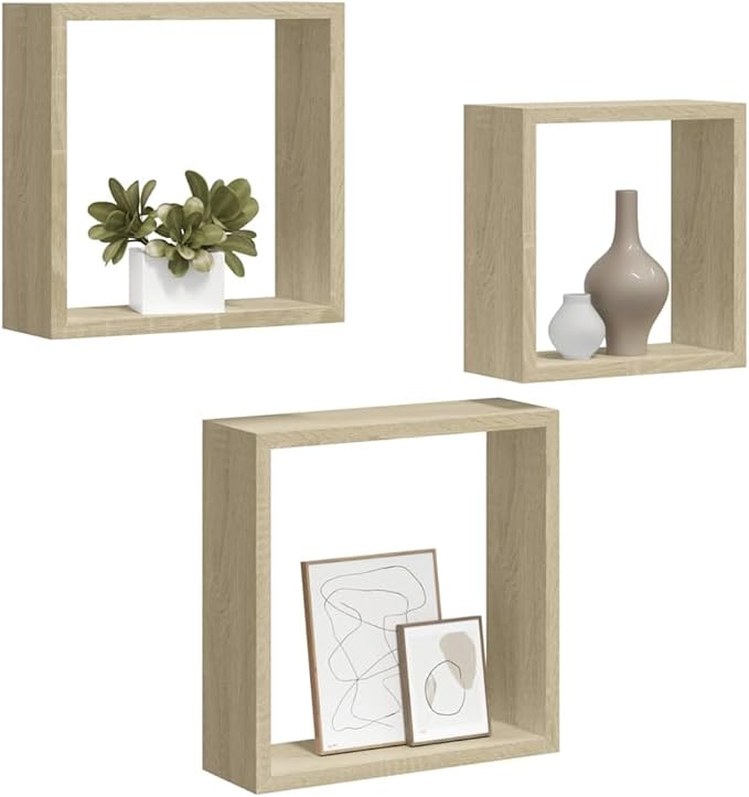 vidaXL Set of 3 Sonoma Oak Wall Cube Shelves - Modern, Durable MDF Floating Shelves for Display and Storage, Easy Installation - Image 7