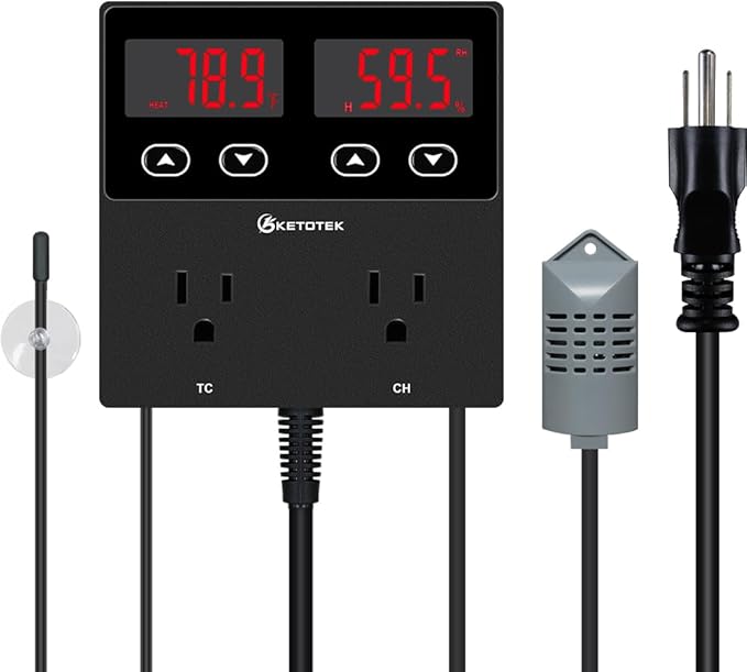 KETOTEK Digital Temperature and Humidity Controller Outlet, Reptile Thermostat Plug Dual Stage Pre-Wired for Mushroom Greenhouse Homebrew by KETOTEK