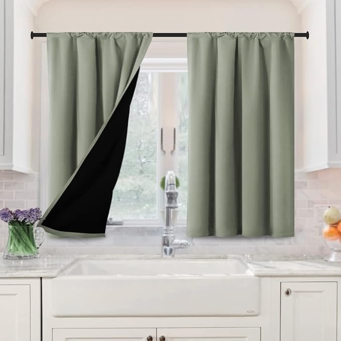 H.VERSAILTEX 100% Blackout Curtains for Bedroom Short Curtains Half Window Curtains for Kitchen, Privacy Energy Saving Curtain Tiers for Bathroom Shades, W 42 x L 36 inch, Light Sage, Set of 2 by HVERSAILTEX