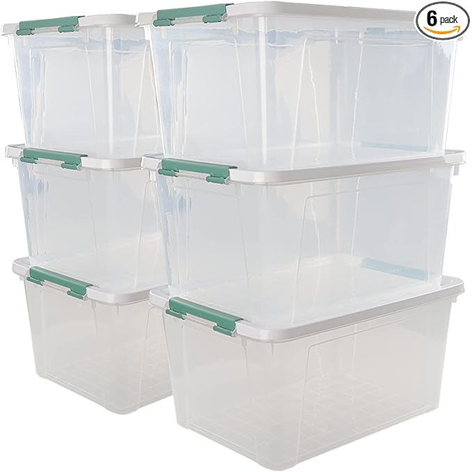 6-Pack Clear Plastic Storage Boxes, 35 L Plastic Storage Bins with Lids by Xowine