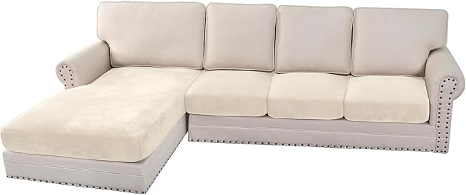 H.VERSAILTEX Velvet Stretch Sectional Couch Covers 4 Pieces Sofa Seat Cushion Covers L Shape Separate Couch Cover for Both Left/Right Sectional Couch (Large Sofa 3 Seater + 1 Chaise, Cream) by HVERSAILTEX