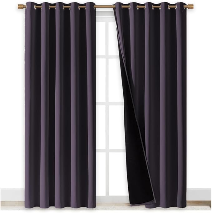 NICETOWN 100% Blackout Window Curtain Panels, Greyish Purple, 2 PCs, 62" Wide Each Panel, Cold and Full Light Blocking Drapes with Black Liner for Nursery, 84 inches Drop Thermal Insulated Draperies - Image 2