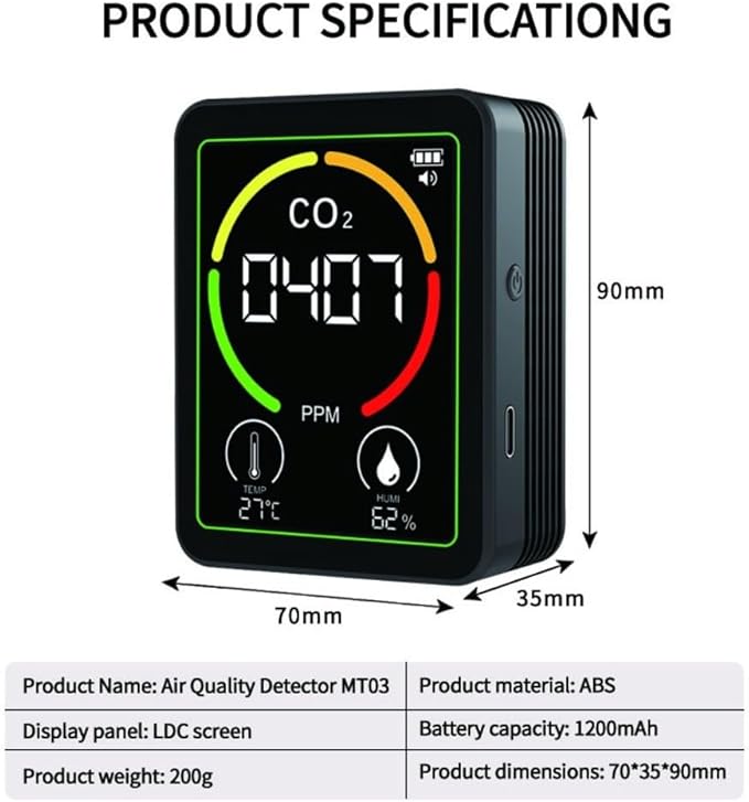 Air Quality Monitor Indoor-Portable Indoor Air Quality Meter, 3-in-1 Indoor Air Quality Monitor with Carbon Dioxide Detector, Temperature and Humidity Sensor, LCD Display(Black) - Image 2