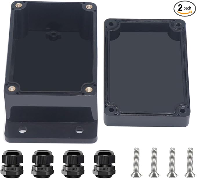 Project Box ABS Black Electrical Boxes IP67 Outdoor Waterproof Junction Box Electronic with Mounting Ears Includes Cable Glands for DIY Project 3.9 x 2.7 x 2 inch (100x68x50mm) by Otdorpatio