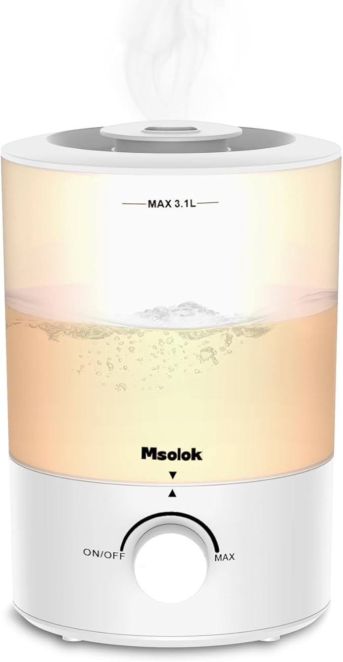 Humidifiers for Bedroom, Cool Mist Top Fill Diffuser with 25Watt for Home Large Room, 360° Nozzle, Rapid Ultrasonic Humidification for Baby Nursery and Plant(3.1L) by Msolok
