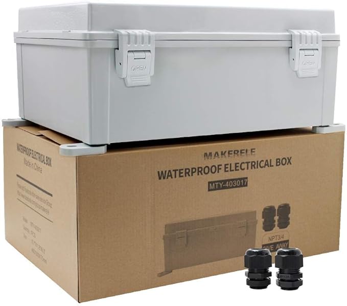 MAKERELE Outdoor electrical Box Weatherproof Includes Internal Mounting Panel 15.7"*11.8"*6.7" (400 * 300 * 170mm) Large Project Box For Electronics Hinged Cover Plastic Clip With 2 NPT 3/4” Glands by MAKERELE