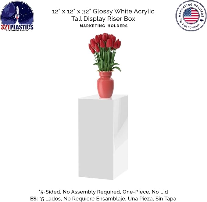 Acrylic Display Riser Box Tall Pedestal Art One Piece No Lid Glossy White 12" x 12" x 32" Event Flower Arrangement Plant Stand Retail Product Riser by Marketing Holders - Image 5