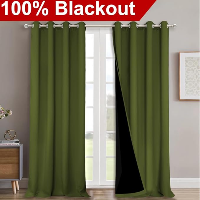 NICETOWN 100% Blackout Blinds, Set of 2, 46" x 102", Olive Green, Laundry Room Decor Window Treatment Curtains for Large Patio Sliding Door, Thermal Insulated Curtains for Bedroom - Image 2