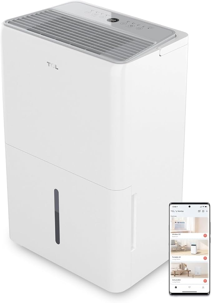 TCL 2000 Sq. Ft. Smart Dehumidifier, Energy Star Most Efficient 2024, Ultra-compact, 25 Pints Per Day, Ideal for Basements, Rooms, and Other Living Spaces, Works with Alexa/Google Assistant – H25D44W by TCL