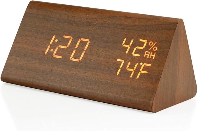 OCT17 Wooden Alarm Clock, Smart LED Digital Clock for Bedroom/desks, Upgraded with Time Temperature, Adjustable Brightness and Voice Control, Humidity Displaying - Brown - Image 3