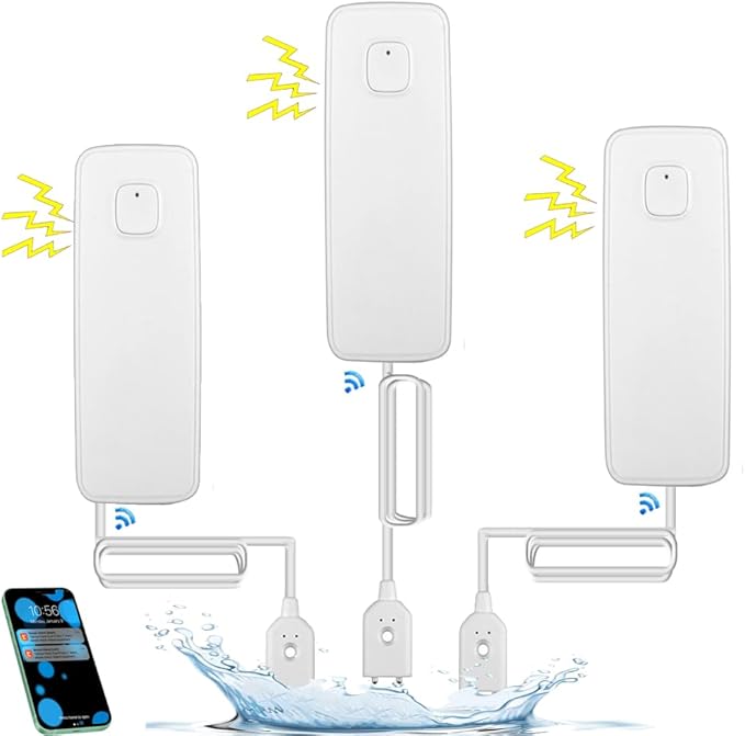 3PCS WiFi Water Leak Detector Kit, 80dB Water Sensor Alarm, Sump Pump Leakage Alarm, TUYA APP Free Remote Monitoring for Water Leakage, SMS and Phone Notification Can Be Enabled, AAA Battery Powered by Shonmau
