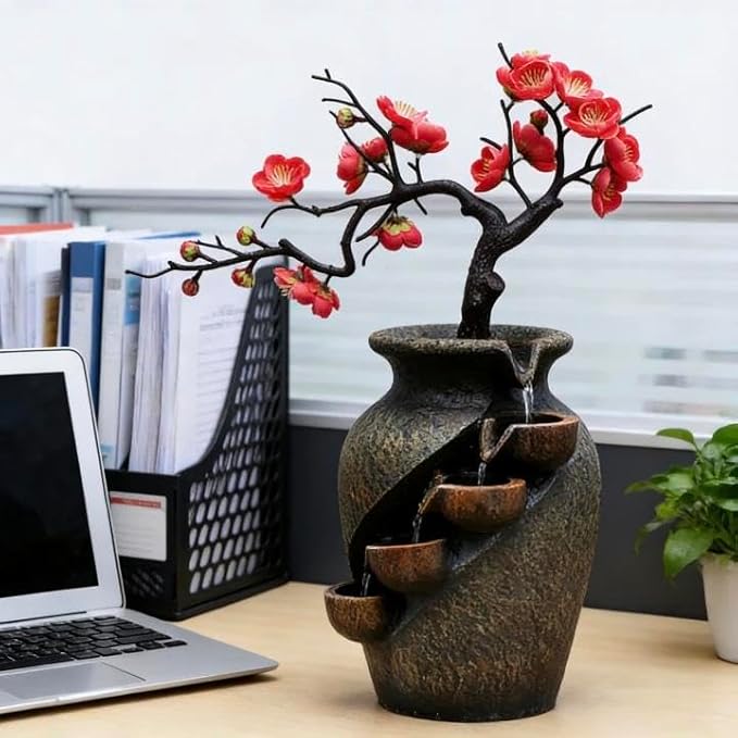 16" Flower Ornament Vase Decorative Bonsai Mini Tabletop Waterfall Fountain Indoor with Water Flow & Artificial Bouquet, Desktop Water Fountains Restaurant Coffee Home Decor or Festival Birthday Gift - Image 8