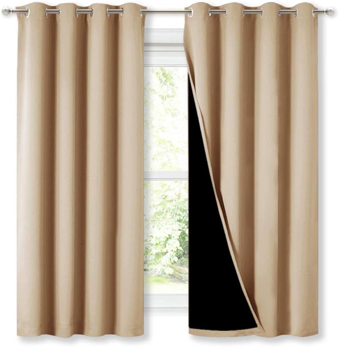NICETOWN Bedroom Full Blackout Curtain Panels, Super Thick Insulated Window Covers, Complete Blackout Draperies with Black Liner for Short Window(Biscotti Beige, Set of 2 PCs, 52 by 63-inch) by NICETOWN