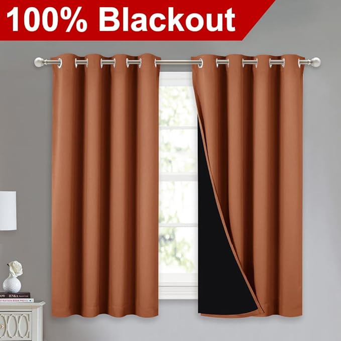 NICETOWN 100% Blackout Curtains 54 inches Long, Double-Deck Completely Blackout Window Treatment Thermal Insulated Lined Drapes for Small Window (Burnt Orange, 1 Pair, 52 inches Width Each Panel) - Image 2