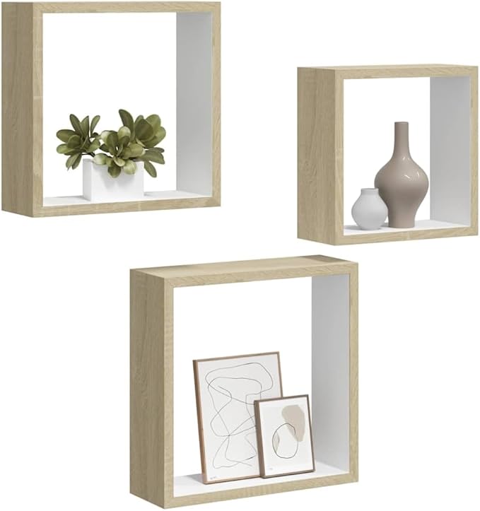 vidaXL 3 pcs Wall Cube Shelves in White and Sonoma Oak - Stylish Floating Shelves with Invisible Mounting, MDF Construction for Sturdy, Decorative Display - Image 7