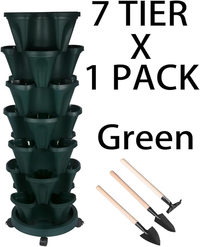 GameXcel Vertical Planter 7 Tier Stackable Planters Garden Planters Strawberry Herb Flower and Vegetable Planter Indoor Outdoor Gardening Pots with Removable Wheels and Tools - Image 9