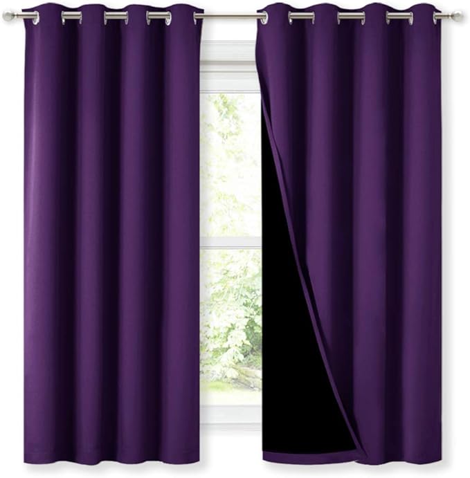 NICETOWN 100% Blackout Curtain Panels, Thermal Insulated Black Liner Curtains for Kitchen, Noise Reducing and Cold Blocking Drapes for Windows (Set of 2, Royal Purple, 52-inch Wide by 63-inch Long) by NICETOWN