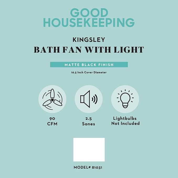 Good Housekeeping Kingsley (81031) Decorative 90 CFM 2.5 Sones Bathroom Ventilation Exhaust Fan with Lighting (Matte Black) - Image 3