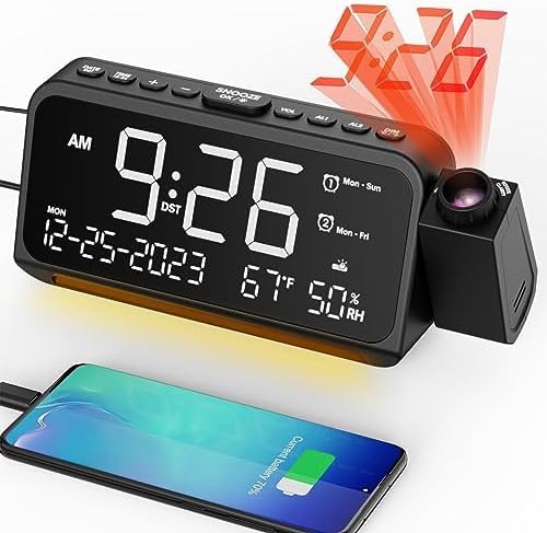 Mesqool Projection Alarm Clock for Bedroom, Digital Clock with Projection on Ceiling with Night Light, Date, Temperature, Humidity, Type-C USB Charger, Snooze, Dual Alarms, Dimmer,12/24H by Mesqool