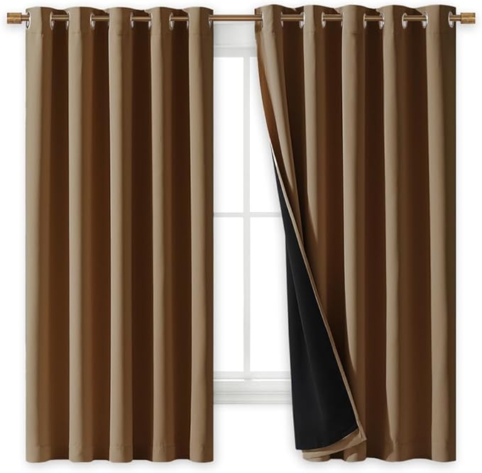 NICETOWN 100% Blackout Curtains with Black Liners, Gold Brown, 2 Panels, 62-inch W by 63-inch L, Thermal Insulated Full Blackout 2-Layer Lined Drapes, Energy Efficiency Window Draperies for Bedroom - Image 2
